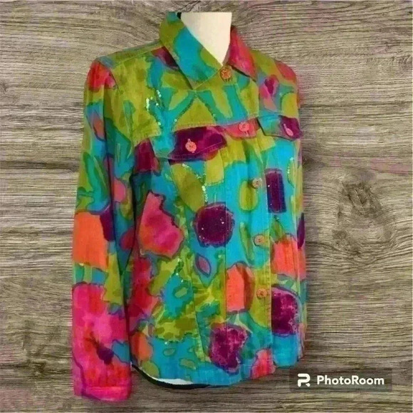 Choices Womens Jacket Sequin Green Fuchsia Multi Print Buttons Pockets Size XL - Picture 1 of 6